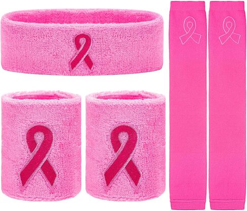 Jecery Breast Cancer Awareness Sweatbands Set of 3 Including 1 Pair of Pink Ribbon Wristbands 1 Pair of Leg Sleeves and 1 Headband for Women Pink Ribbon Calf Leg Socks for Sports in Saudi Arabia
