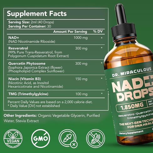 Pure NAD+ Supplements 1850mg Liquid Drops for Women & Man | Nicotinamide Riboside Organic NAD Plus Boosting Supplement - Natural Lemon Flavor in Saudi Arabia