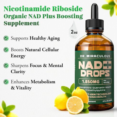 Pure NAD+ Supplements 1850mg Liquid Drops for Women & Man | Nicotinamide Riboside Organic NAD Plus Boosting Supplement - Natural Lemon Flavor in Saudi Arabia