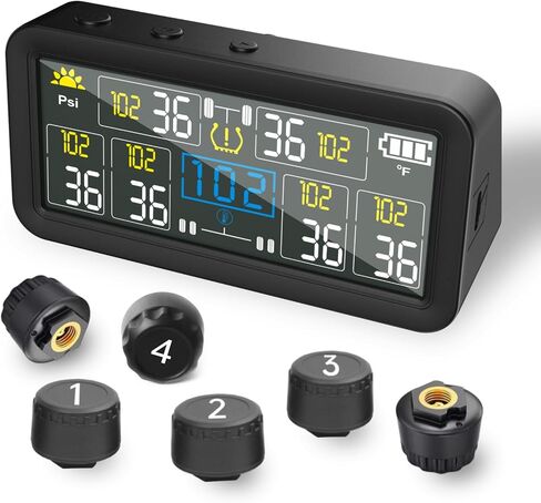 RV Tire Pressure Monitoring Systems with 4-inch LCD Screen, Wireless TPMS w/ 4 Sensors & 6 Alarm Modes, 0-144 PSI ±1.5PSI, Solar/USB Charging, for RV Trailer Truck - with 4 Tire Valve Stem Caps in Saudi Arabia