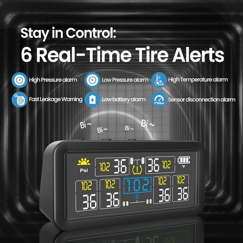 RV Tire Pressure Monitoring Systems with 4-inch LCD Screen, Wireless TPMS w/ 4 Sensors & 6 Alarm Modes, 0-144 PSI ±1.5PSI, Solar/USB Charging, for RV Trailer Truck - with 4 Tire Valve Stem Caps in Saudi Arabia
