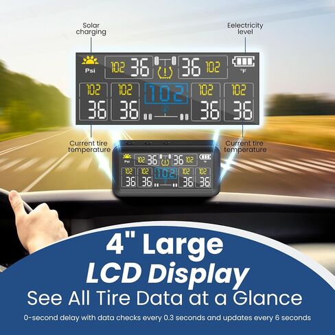 RV Tire Pressure Monitoring Systems with 4-inch LCD Screen, Wireless TPMS w/ 4 Sensors & 6 Alarm Modes, 0-144 PSI ±1.5PSI, Solar/USB Charging, for RV Trailer Truck - with 4 Tire Valve Stem Caps in Saudi Arabia