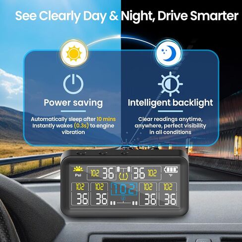 RV Tire Pressure Monitoring Systems with 4-inch LCD Screen, Wireless TPMS w/ 4 Sensors & 6 Alarm Modes, 0-144 PSI ±1.5PSI, Solar/USB Charging, for RV Trailer Truck - with 4 Tire Valve Stem Caps in Saudi Arabia