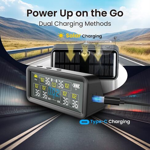 RV Tire Pressure Monitoring Systems with 4-inch LCD Screen, Wireless TPMS w/ 4 Sensors & 6 Alarm Modes, 0-144 PSI ±1.5PSI, Solar/USB Charging, for RV Trailer Truck - with 4 Tire Valve Stem Caps in Saudi Arabia