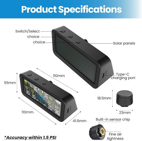 RV Tire Pressure Monitoring Systems with 4-inch LCD Screen, Wireless TPMS w/ 4 Sensors & 6 Alarm Modes, 0-144 PSI ±1.5PSI, Solar/USB Charging, for RV Trailer Truck - with 4 Tire Valve Stem Caps in Saudi Arabia