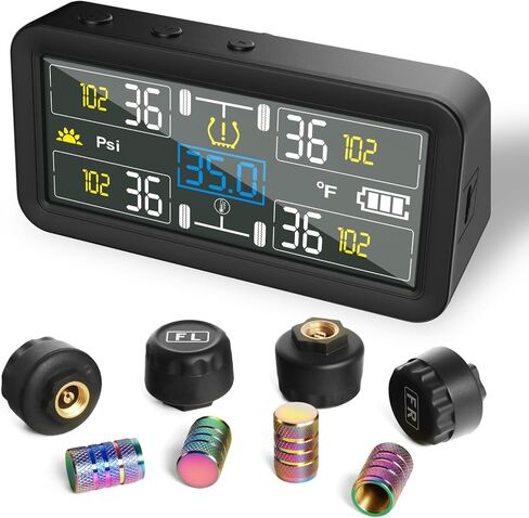 RV Tire Pressure Monitoring Systems with 4-inch LCD Screen, Wireless TPMS w/ 4 Sensors & 6 Alarm Modes, 0-144 PSI ±1.5PSI, Solar/USB Charging, for RV Trailer Truck - with 4 Tire Valve Stem Caps in Saudi Arabia