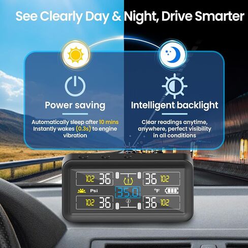 RV Tire Pressure Monitoring Systems with 4-inch LCD Screen, Wireless TPMS w/ 4 Sensors & 6 Alarm Modes, 0-144 PSI ±1.5PSI, Solar/USB Charging, for RV Trailer Truck - with 4 Tire Valve Stem Caps in Saudi Arabia
