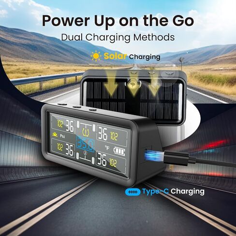 RV Tire Pressure Monitoring Systems with 4-inch LCD Screen, Wireless TPMS w/ 4 Sensors & 6 Alarm Modes, 0-144 PSI ±1.5PSI, Solar/USB Charging, for RV Trailer Truck - with 4 Tire Valve Stem Caps in Saudi Arabia
