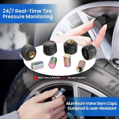 RV Tire Pressure Monitoring Systems with 4-inch LCD Screen, Wireless TPMS w/ 4 Sensors & 6 Alarm Modes, 0-144 PSI ±1.5PSI, Solar/USB Charging, for RV Trailer Truck - with 4 Tire Valve Stem Caps in Saudi Arabia