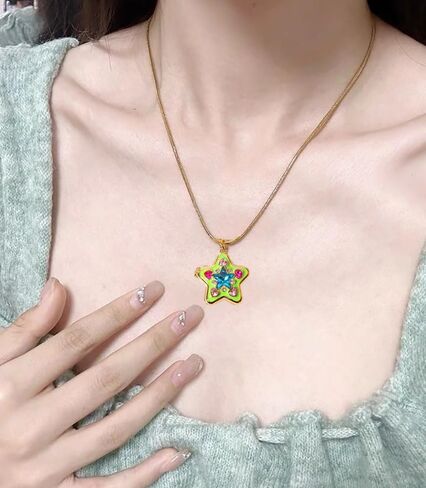 Y2k Rhinestone Star Pendant Photo Locket Necklace for Women Dainty Heart Crystal Charm Sparkly Statement Stars Enamel That Hold Picture Choker Adjustable Snake Chain Delicate Jewelry Daughter Sister in Saudi Arabia