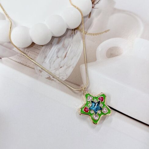 Y2k Rhinestone Star Pendant Photo Locket Necklace for Women Dainty Heart Crystal Charm Sparkly Statement Stars Enamel That Hold Picture Choker Adjustable Snake Chain Delicate Jewelry Daughter Sister in Saudi Arabia