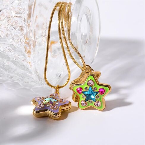 Y2k Rhinestone Star Pendant Photo Locket Necklace for Women Dainty Heart Crystal Charm Sparkly Statement Stars Enamel That Hold Picture Choker Adjustable Snake Chain Delicate Jewelry Daughter Sister in Saudi Arabia