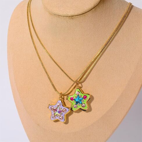 Y2k Rhinestone Star Pendant Photo Locket Necklace for Women Dainty Heart Crystal Charm Sparkly Statement Stars Enamel That Hold Picture Choker Adjustable Snake Chain Delicate Jewelry Daughter Sister in Saudi Arabia