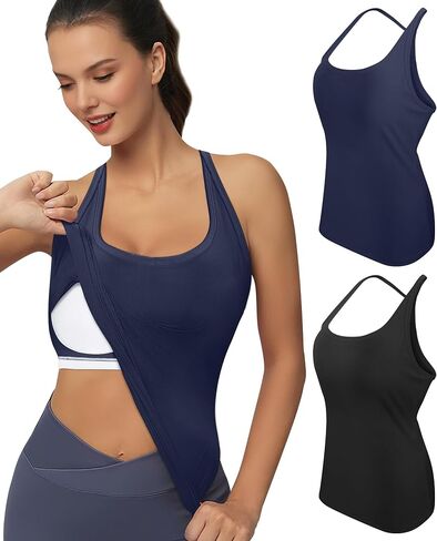 Built in Bra Tank Tops for Women - Sleeveless Camisole Y2K Ribbed Scoop Neck Racerback Workout Casual Longline in Saudi Arabia