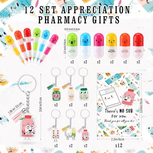 12 Sets Pharmacy Week Gifts Bulk Pills Shaped Acrylic Keychains Cute Pill Retractable Ballpoint Pens with Inspiration Cards for Pharmacy Technicians Day Pharmacist Nursing Appreciation Gifts in Saudi Arabia