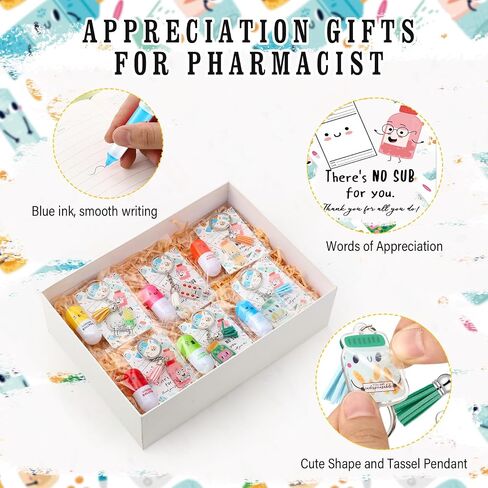 12 Sets Pharmacy Week Gifts Bulk Pills Shaped Acrylic Keychains Cute Pill Retractable Ballpoint Pens with Inspiration Cards for Pharmacy Technicians Day Pharmacist Nursing Appreciation Gifts in Saudi Arabia