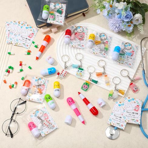 12 Sets Pharmacy Week Gifts Bulk Pills Shaped Acrylic Keychains Cute Pill Retractable Ballpoint Pens with Inspiration Cards for Pharmacy Technicians Day Pharmacist Nursing Appreciation Gifts in Saudi Arabia