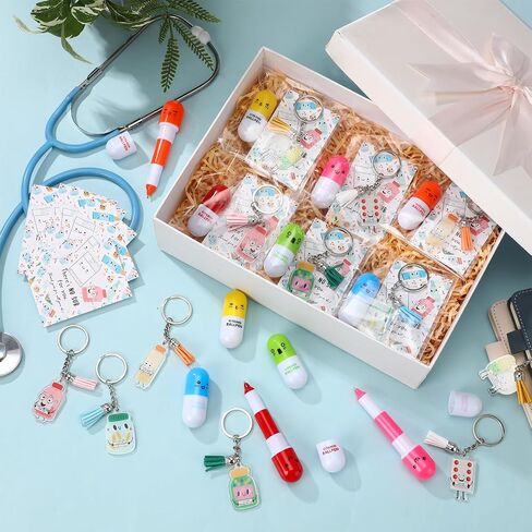 12 Sets Pharmacy Week Gifts Bulk Pills Shaped Acrylic Keychains Cute Pill Retractable Ballpoint Pens with Inspiration Cards for Pharmacy Technicians Day Pharmacist Nursing Appreciation Gifts in Saudi Arabia