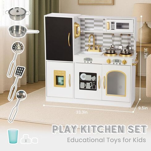 مجموعة لعب المطبخ للأطفال من عمر 3 إلى 8 سنوات، مطبخ خشبي للعب التظاهري، هاتف شامل، صانع ثلج، ثلاجة، الأبعاد: 35 بوصة ارتفاع × 31 بوصة عرض × 12 بوصة عمق in Kuwait