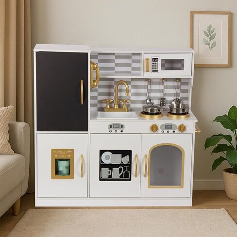 مجموعة لعب المطبخ للأطفال من عمر 3 إلى 8 سنوات، مطبخ خشبي للعب التظاهري، هاتف شامل، صانع ثلج، ثلاجة، الأبعاد: 35 بوصة ارتفاع × 31 بوصة عرض × 12 بوصة عمق in Kuwait