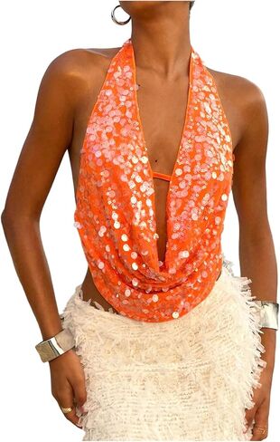 SOLY HUX Women's Sequin Glitter Halter Crop Tank Top Sparkly Backless Deep Cowl Neck Going Out Vest Clubwear in Saudi Arabia