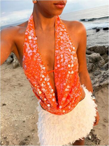 SOLY HUX Women's Sequin Glitter Halter Crop Tank Top Sparkly Backless Deep Cowl Neck Going Out Vest Clubwear in Saudi Arabia