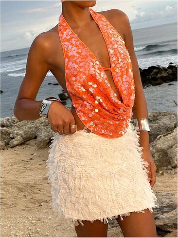 SOLY HUX Women's Sequin Glitter Halter Crop Tank Top Sparkly Backless Deep Cowl Neck Going Out Vest Clubwear in Saudi Arabia