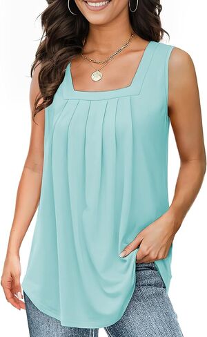 Tank Tops for Women Summer, Pleated Loose Fit Square Neck Sleeveless Tops Flowy Going Out Tops Basic Shirts in Saudi Arabia