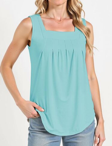 Tank Tops for Women Summer, Pleated Loose Fit Square Neck Sleeveless Tops Flowy Going Out Tops Basic Shirts in Saudi Arabia