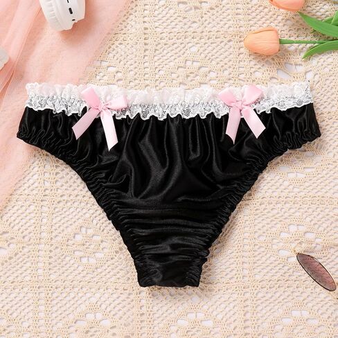 ABAFIP Men's Satin Frilly Lace Trim Sissy Bowknot Thong Panties Elastic Waist G-string Briefs Underwear in Saudi Arabia