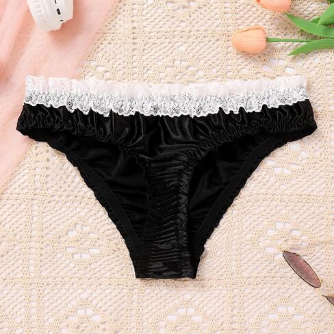 ABAFIP Men's Satin Frilly Lace Trim Sissy Bowknot Thong Panties Elastic Waist G-string Briefs Underwear in Saudi Arabia