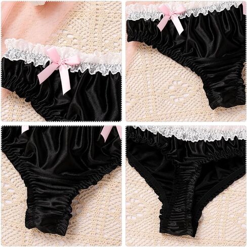 ABAFIP Men's Satin Frilly Lace Trim Sissy Bowknot Thong Panties Elastic Waist G-string Briefs Underwear in Saudi Arabia