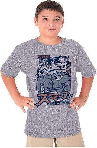 Brisco Brands Angry Smurf Cartoon Manga Mashup Crewneck T Shirts Boy Girl in Saudi Arabia