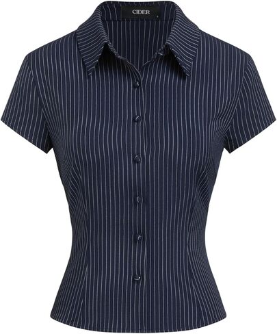 CIDER Women Striped Button Down Shirt Short Sleeve Collared Fitted Work Blouse Office Tops in Saudi Arabia