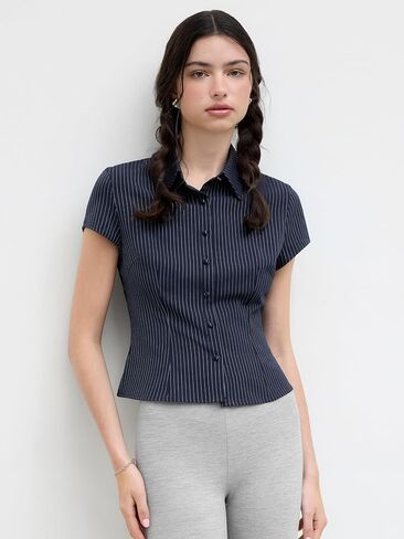 CIDER Women Striped Button Down Shirt Short Sleeve Collared Fitted Work Blouse Office Tops in Saudi Arabia