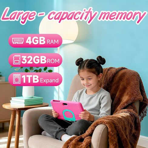 Kids Tablet, 7 inch Android Tablet for Kids, 4GB RAM 32GB ROM 1TB Expand, Toddler Tablets with Parental Control, IPS Screen, Dual Camera, Educational, Games, Shockproof Case for Boys/Girls (Pink) in Kuwait
