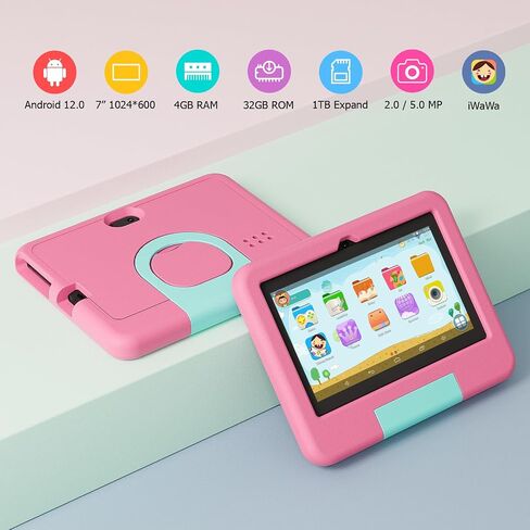 Kids Tablet, 7 inch Android Tablet for Kids, 4GB RAM 32GB ROM 1TB Expand, Toddler Tablets with Parental Control, IPS Screen, Dual Camera, Educational, Games, Shockproof Case for Boys/Girls (Pink) in Kuwait