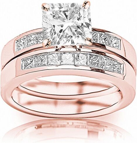 14K White Gold 1.5 قيراط مختبر Diamond Diamond Classic Channel مجموعة الأميرة قطع وسادة خاتم الماس ومجموعة الزفاف مجموعة (G-H Color VS1-VS2 Clarity 0.75 CT Center) in Saudi Arabia
