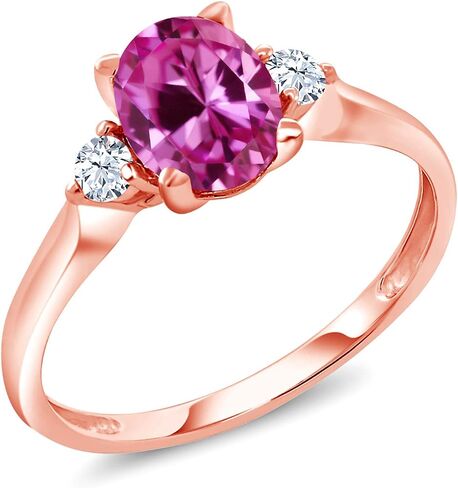 10K Rose Gold Gemstone Birthstone & White Created Sapphire 3-Stone Engagement Ring | Oval 8X6MM Center with Round 2.5MM Accents | Three Stone Wedding Anniversary Promise Ring For Women | Sizes 5-9 in Saudi Arabia
