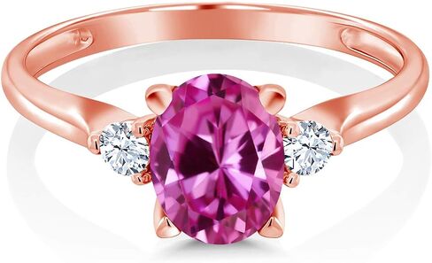 10K Rose Gold Gemstone Birthstone & White Created Sapphire 3-Stone Engagement Ring | Oval 8X6MM Center with Round 2.5MM Accents | Three Stone Wedding Anniversary Promise Ring For Women | Sizes 5-9 in Saudi Arabia