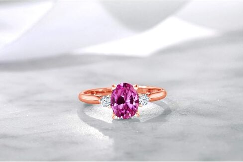 10K Rose Gold Gemstone Birthstone & White Created Sapphire 3-Stone Engagement Ring | Oval 8X6MM Center with Round 2.5MM Accents | Three Stone Wedding Anniversary Promise Ring For Women | Sizes 5-9 in Saudi Arabia