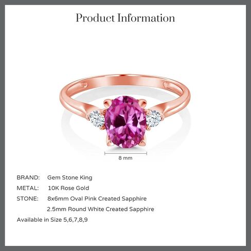 10K Rose Gold Gemstone Birthstone & White Created Sapphire 3-Stone Engagement Ring | Oval 8X6MM Center with Round 2.5MM Accents | Three Stone Wedding Anniversary Promise Ring For Women | Sizes 5-9 in Saudi Arabia