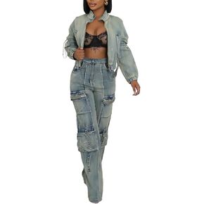 نساء من قطعتين من الدنيم مجموعة طويلة الأكمام سستة أعلى وجينز الساق عريض y2k البضائع. in Kuwait