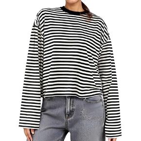 KOSUSANILL Women Oversized Striped Long Sleeve Shirt Crewneck Cropped Tops Drop Shoulder Y2K Preppy Sweatshirt Fall Clothes in Kuwait