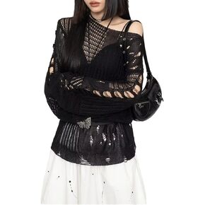 URAWESO Goth Y2K Striped Sweater Ripped Punk Gothic Sweaters for Women Harajuku Aesthetic Halloween Pullover Tops in Kuwait