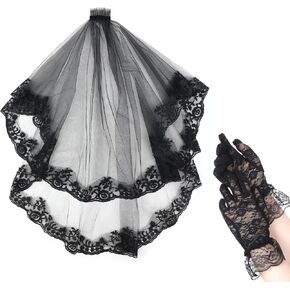 Black Lace Veil Bridal Veils Halloween Veils With Gloves - Elegant 2 Tier Black Veil for Brides in Kuwait