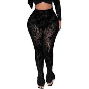 Women's Sheer Mesh Leggings See Through High Waisted Bell Bottom Skinny Pants in Kuwait