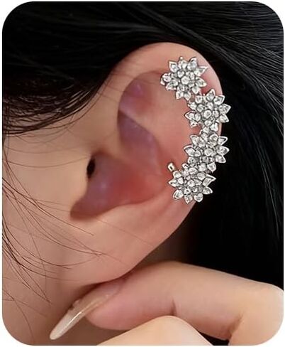 Elegant Floral Cluster Ear Cuffs Classic Rhinestone Flower Crawler Fake Earrings Sparkle Crystal Climbers Cuff Earrings Cartilage Ear Wrap Non Piercing Earrings for Wedding Bridal in Kuwait