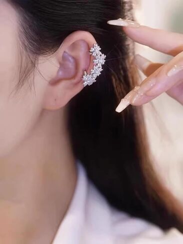 Elegant Floral Cluster Ear Cuffs Classic Rhinestone Flower Crawler Fake Earrings Sparkle Crystal Climbers Cuff Earrings Cartilage Ear Wrap Non Piercing Earrings for Wedding Bridal in Kuwait