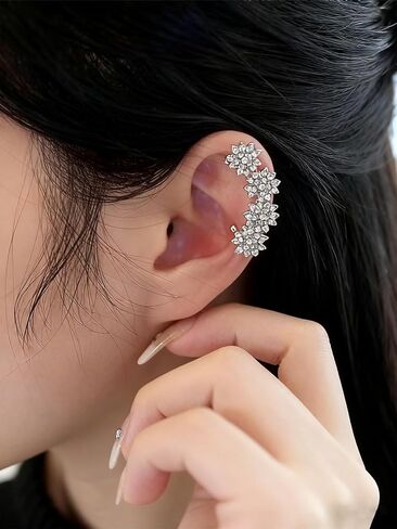 Elegant Floral Cluster Ear Cuffs Classic Rhinestone Flower Crawler Fake Earrings Sparkle Crystal Climbers Cuff Earrings Cartilage Ear Wrap Non Piercing Earrings for Wedding Bridal in Kuwait